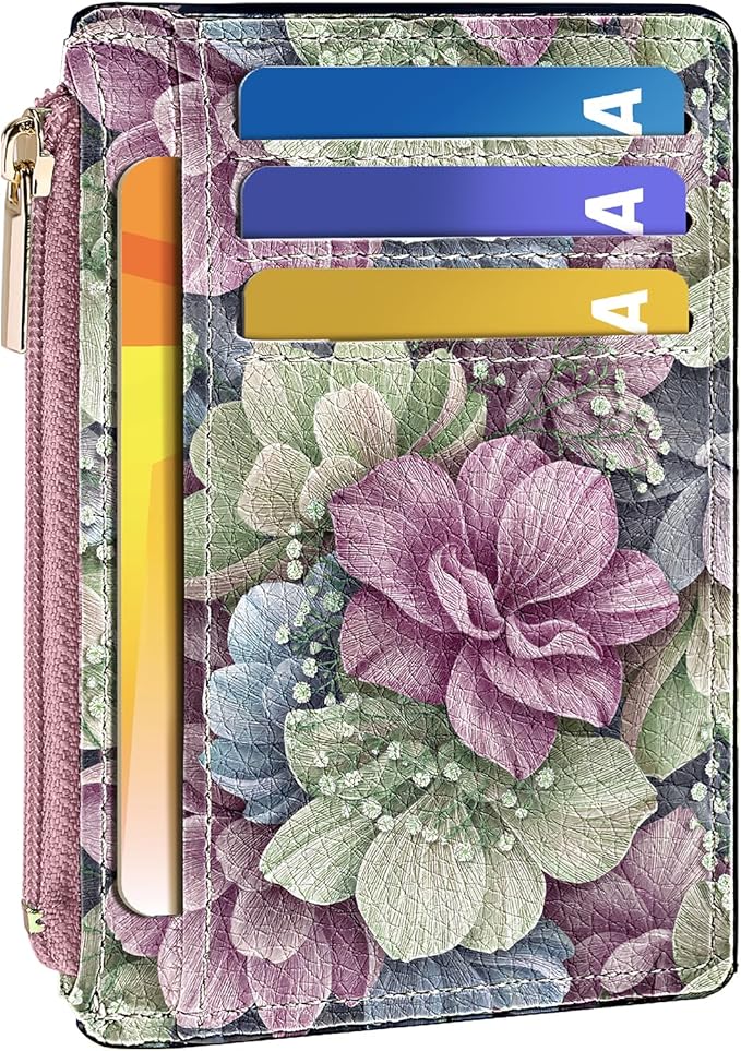 Tipmile Credit Card Holder for Women Slim Minimalist Front Pocket RFID Blocking Wallet Small Compact Card Case with ID Window, Flowers