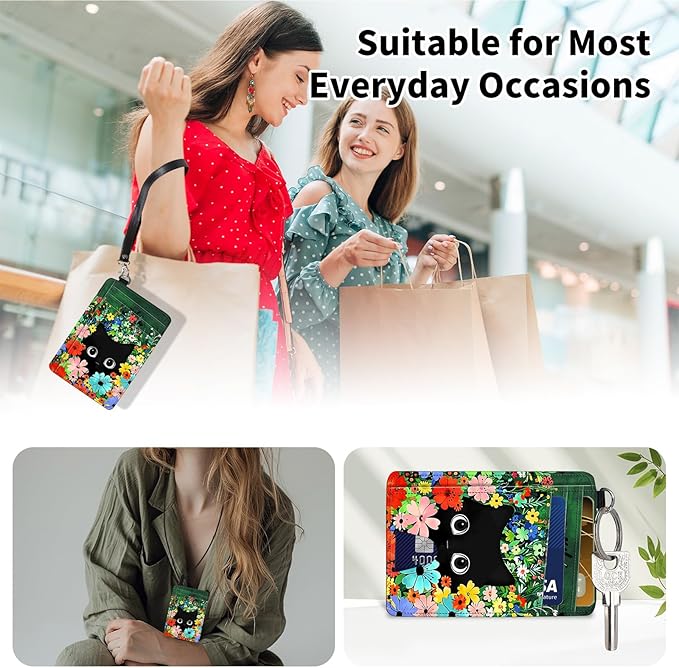 Slim Minimalist Front Pocket Wallet,Credit Card Holder Wallet for Women Men,RFID Blocking Credit Card Holder Case Leather Cute Small Thin Wallet ID Window&Wrist Strap,Cute Cat Floral