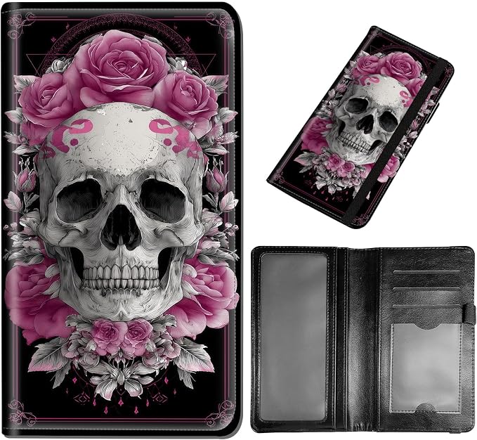 DEGDFSGR Checkbook Cover PU Leather Checkbook Covers for Women for Duplicate Checks, Check Book Covers with RFID Blocking Function for Personal Checkbook, A Skull With Pink Flowers