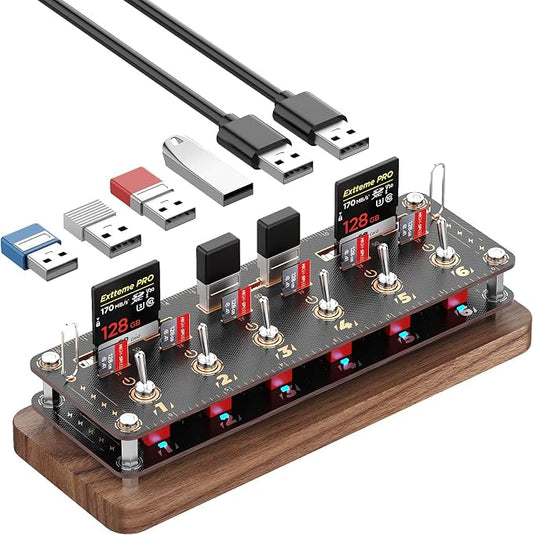 Walnut Cyberpunk USB Docking Station for Independent Switch Control, 6 Port USB2.0 Hub,USB Splitter Expander,USB/SD/TF Card Storage Box,Retro USB Desktop PC Controller-F062