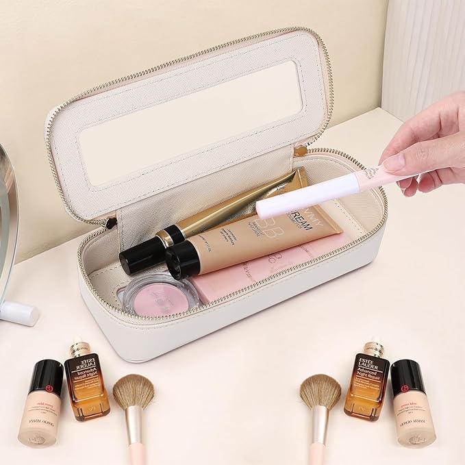 Pinkmik Makeup Brush Case Clear Travel Cosmetic & Toiletry Bag Small Makeup Bag with Zipper Purse Organizer Car Essential Bag for Women (Beige, SLIM)