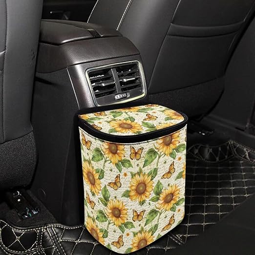 Biyejit Car Trash Can with Lid Collapsible Waterproof Car Garage Bag Reusable Automotive Garbage Bin with Adjustable Strap Car Accessories Interior Car Organizer, Fall Sunflower Butterfly