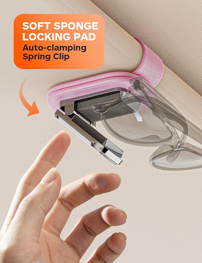 Sunglass Holder for Car Visor, One-Handed Operation Leather Sunglasses Clip with Soft Padding, Auto-Clamping Eyeglasses Organizer for Sun Visor, Universal Car Accessories (Pink)