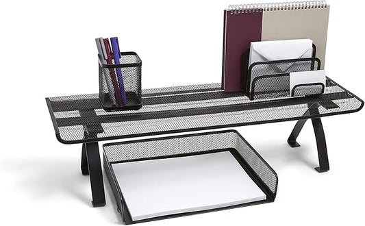 TRU RED Wire Mesh Desktop Shelf, Matte Black – Space‑Saving Desk Riser for Monitors & Office Accessories