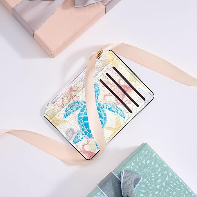 Tipmile Credit Card Holder for Women Slim Minimalist Front Pocket RFID Blocking Wallet Small Compact Card Case with ID Window, Watercolor Turtle