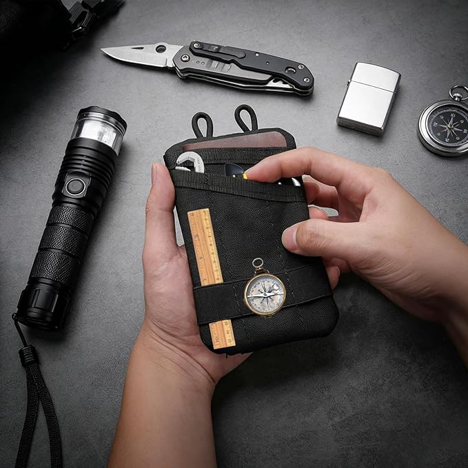 Small EDC Pocket Organizer, 5-Pocket EDC Pouch for Men, Compact EDC Tool Pouch for Knife Flashlight Pen Multitool, Black EDC Belt Pouch for Daily Carry
