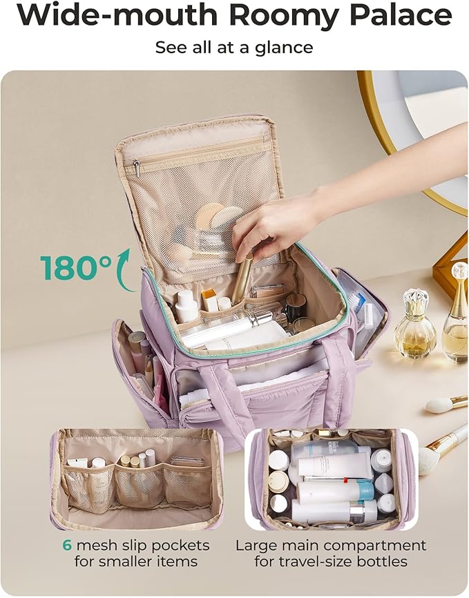 BAGSMART Toiletry Bag for Women with Dual-Padded Handles, Puffy Lightweight Makeup Bag for Makeup Accessories, Brushes Set, Travel-Sized Container, Camel