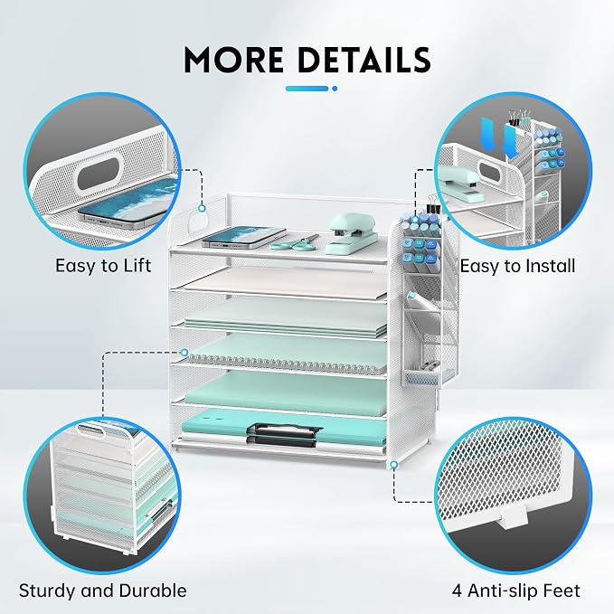 SUPEASY 6 Tier Paper Organizer with 4 Pen Holders, Mesh Letter Tray with Handle, Paper Tray Organizer for A4 Files, White