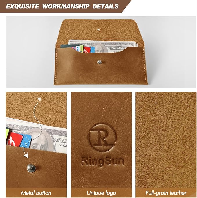 Ringsun Genuine Leather Cash Envelopes, Reusable Budget Envelope, Retro Clutch for Men & Women, Minimalist Wallet, Bourbon Brown