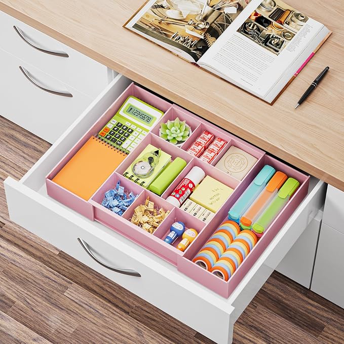 Marbrasse Expandable Desk Drawer Organizer, Clear Plastic Drawer Organizer Tray with 10 Adjustable Compartments, Desk Organizers and Accessories, 5 Drawer Dividers for Office Supplies, Makeup (Pink)