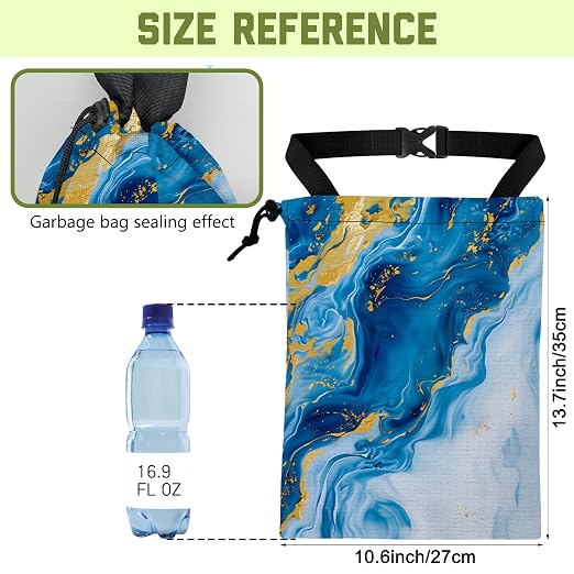 Car Trash Bag Abstract Blue Gold Fluid Marble Leak-Proof Waterproof Car Garbage Bag with Drawstring Foldable Canvas Trash Bin with Adjustable Buckle for Car Accessories