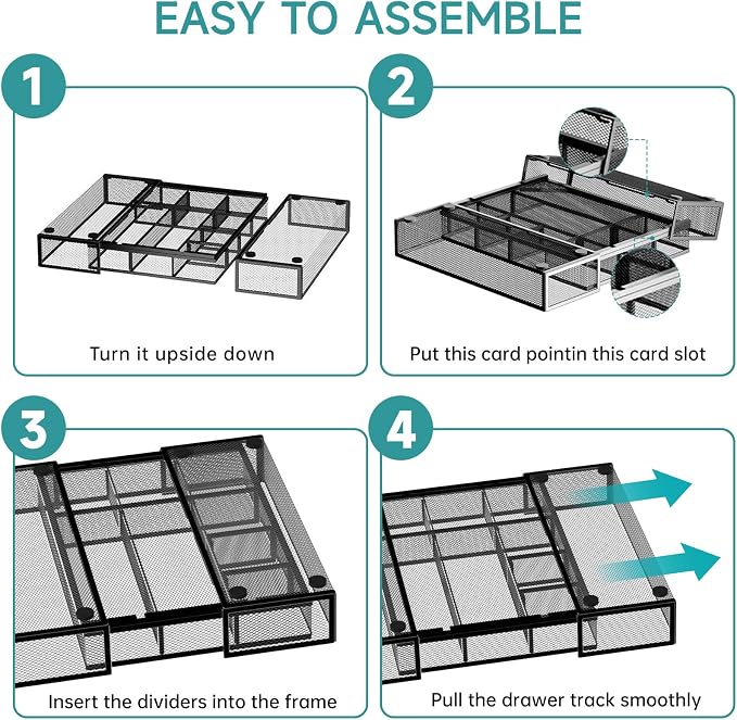 2 Pack Expandable Desk Drawer Organizer Tray with 10 Adjustable Compartments Metal Mesh Office Drawer Organizer for Home, School Supplies, Makeup Vanity & Jewelry (Black)