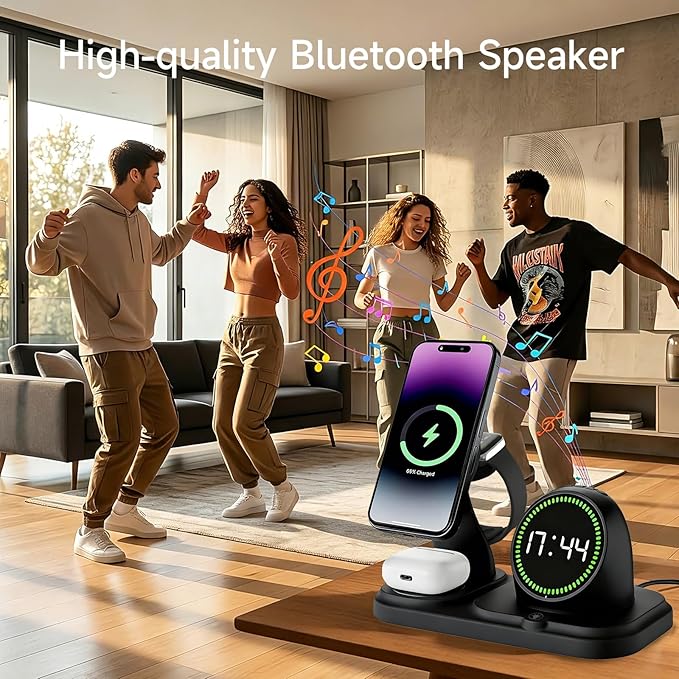 6 in 1 Wireless Charger i-Phone Charging Station: Stand for Multiple Devices for Apples - Compatible i-Phone 17 16 15 14 13 Pro Max Apples Watch Airpods, Design with Wireless Speaker & Clock (Black)