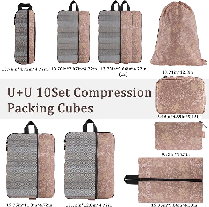 U+U 10 Set Compression Packing Cubes - Ultralight Travel Organizers with Laundry Bag, Space-Saving Suitcase Organizer, Expandable Packing Cubes for Travel and Family Vacation (Paisley Pattern)