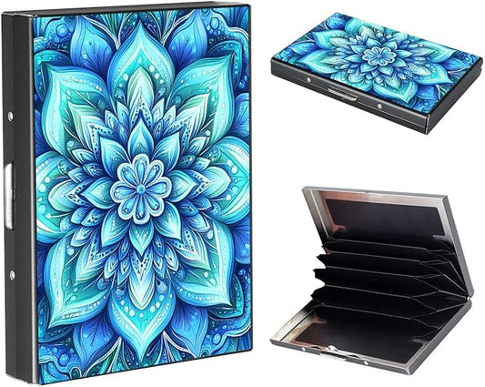 RFID Metal Wallet Credit Cards Holder Slim Mini Business Card Holder Metal ID Case Gift for Men Women,Blue Mandala