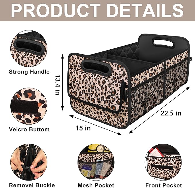 Deosk Trunk Organizer for SUV, Car Organizers and Storage with Reinforced Handles, Car Accessories for Women/Men - Large, Leopard Print