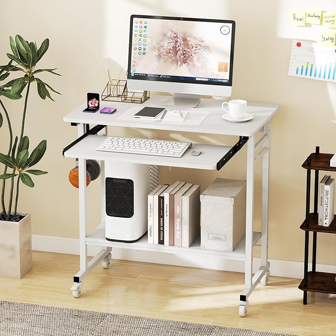 Tangkula Rolling Computer Desk Cart with Keyboard Tray, Mobile Portable Laptop PC Desk with CPU Stand & 3 Hooks for Sofa & Bed, Compact Small Desk on Wheels for Small Spaces (White)