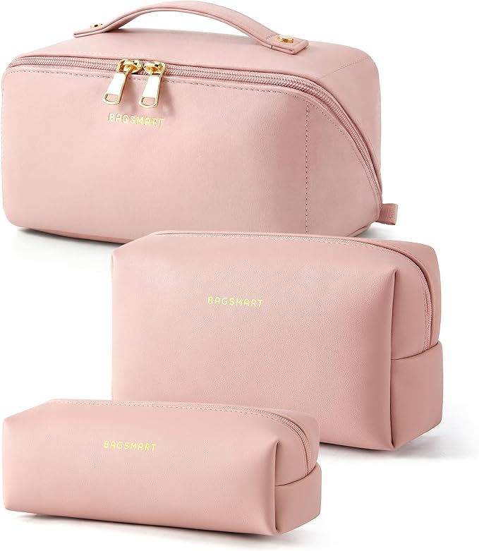 BAGSMART Makeup Bag Travel 3 Pcs Set Cosmetic Bag, Large Make Up Bag Flat Open Toiletry Bag for Women, PU Leather Travel Essentials Organizer Case, Wide-open Pouch for Skincare, Brushes, Nude Pink