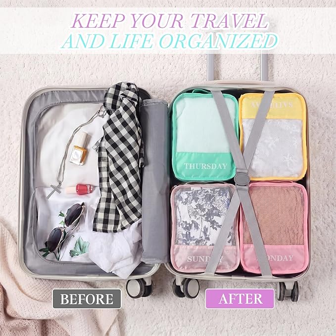 Days of Week Packing Cubes Weekly Organizer Travel Storage Bag School Clothes for Kids Summer Camp Family(7x9x3inch,Macaron,15)