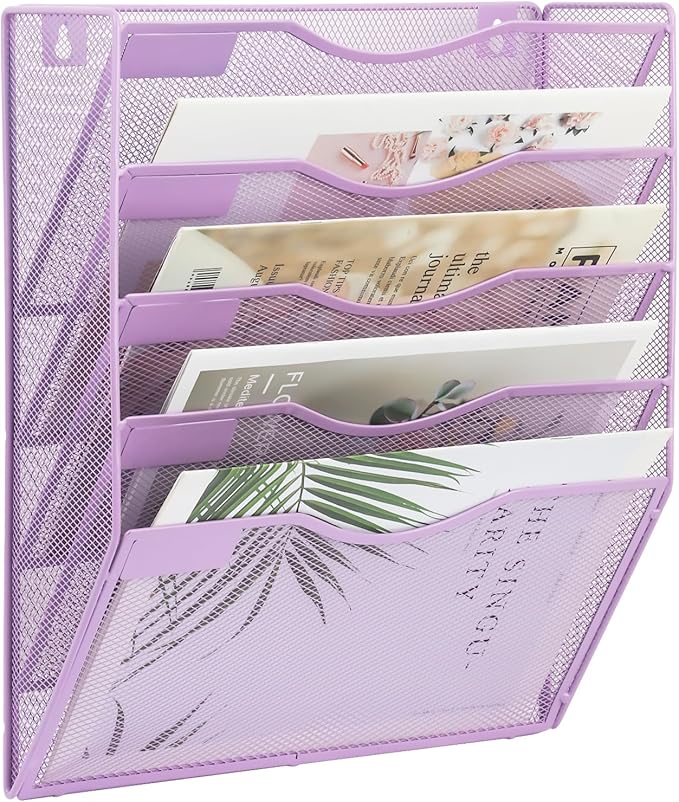 EASEPRES 5 Pocket Mesh Hanging Wall File Organizer, Wall Mounted Mail Paper Document Folder Holder, Clipboard Storage Organization Magazine Rack with Nametag Label for Office Home School, Light Purple