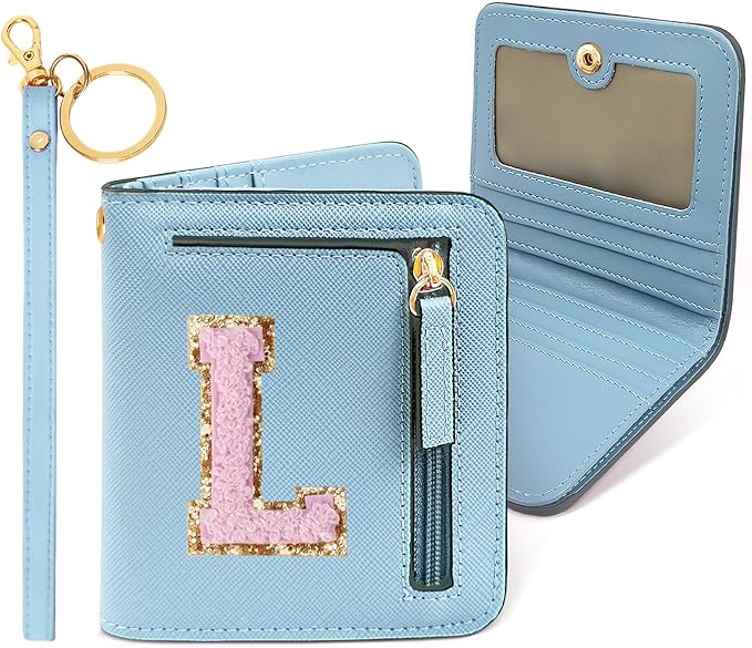 COSHAYSOO Preppy Valentines Day Easter Basket Stuffer Birthday Graduation Gifts for Teenager Girls Nurse Cheer Dance Team RFID Blocking Wallet Blue Small Mini Wallet Chenille Letter L