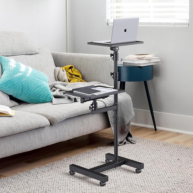 2 Shelves Projector Stand Tripod, Height Adjustable Max 64", Mobile Laptop Cart on Wheels Projector Tripod Stand, Overbed Table with Wheels, Rolling Laptop Floor Stand for Couch