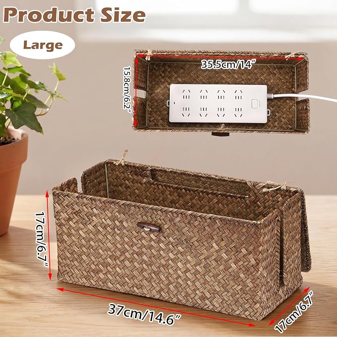 BTSKY Woven Cable Management Box with Lid, Seagrass Cord Organizer with 2 Open Slots for Power Strips & USB Hubs, Under Desk Cord Hider Box for Home Office, Pet Proofing Wire Basket, Large