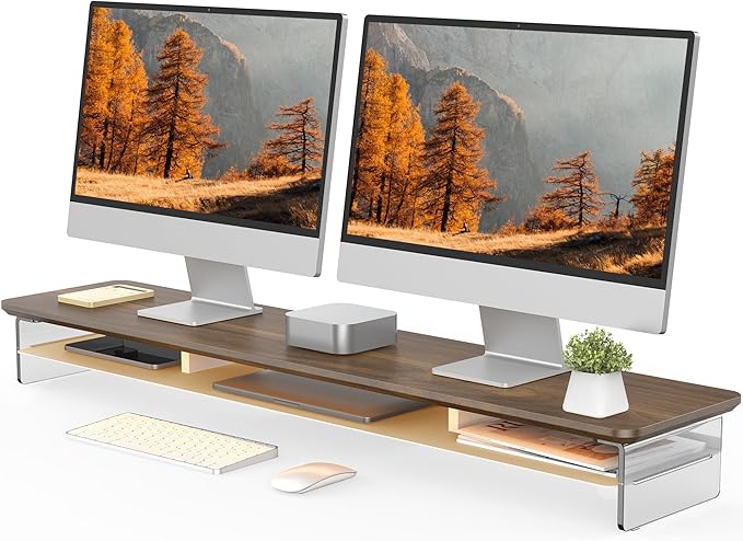 Fenge Acrylic Monitor Stand, 42.5 Inch Clear Dual Monitor Riser with Metal Storage, 2 Tier Computer Riser with LED Lights for Desk, Laptop, Printer, TV