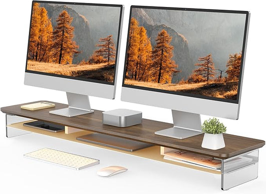 Fenge Acrylic Monitor Stand, 42.5 Inch Clear Dual Monitor Riser with Metal Storage, 2 Tier Computer Riser with LED Lights for Desk, Laptop, Printer, TV