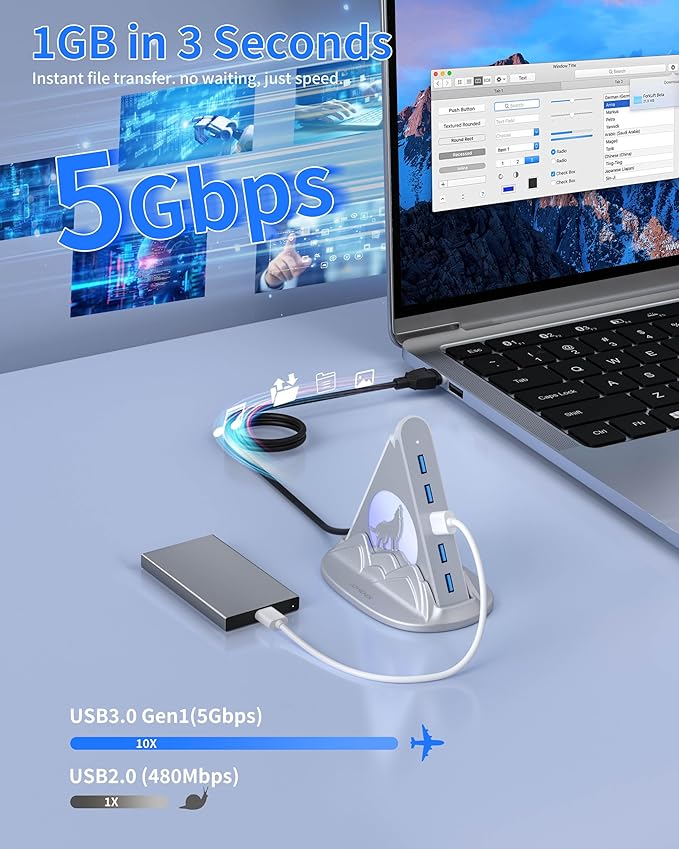 USB Hub 3.0, 7-Port USB Hub with RGB Night Light and Base, Vertical USB a Splitter for Desktop,Laptop, MacBook, Xbox, PS4/5, Game Console, Flash Drive, XPS, PC, Printer, Camera, Keyboard (Silver+Base)