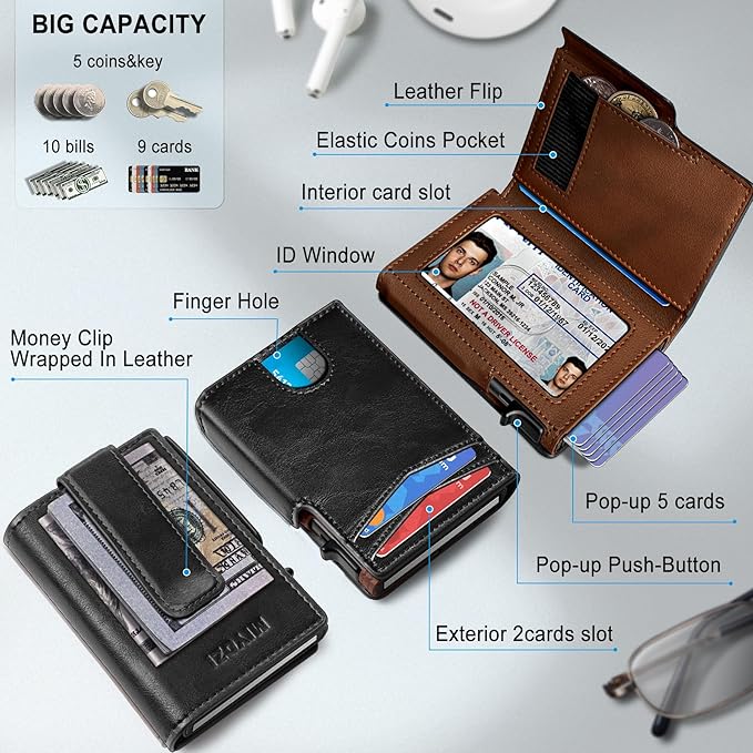 miyozi Men Wallet,with Money Clip Coins Pocket ID Window,Slim Front Pocket RFID Blocking Pop-up Card Holder 3.9"x 2.7", Gift Boxed