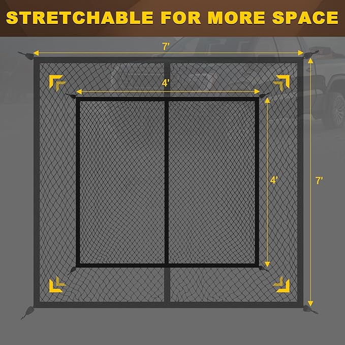 BUMBEE Truck Bed Cargo Net, Highly Elastic Stretchable up to 7ft x 7ft Small Mesh Durable Storage Organizer for Pickup Car Trunk SUV Boat