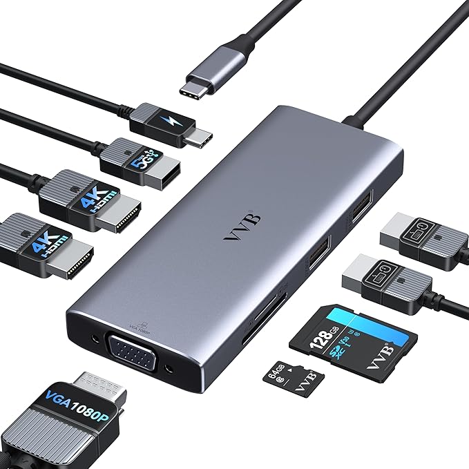 Docking Station 3 Monitors USB C Docking Station Dual Monitor HDMI Adapter for Dell HP Laptop,USB C Hub Multiple Adapter Dongle with 2 HDMI 4K+VGA+100W PD Charger+3 USB Port+SD/TF Card Reader