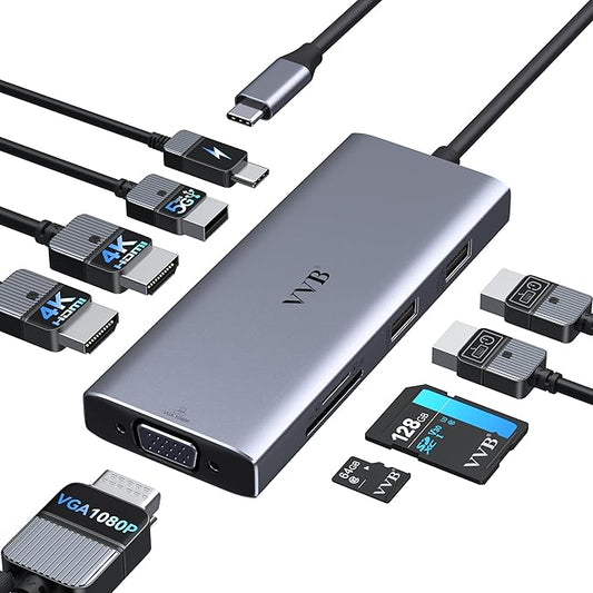 Docking Station 3 Monitors USB C Docking Station Dual Monitor HDMI Adapter for Dell HP Laptop,USB C Hub Multiple Adapter Dongle with 2 HDMI 4K+VGA+100W PD Charger+3 USB Port+SD/TF Card Reader