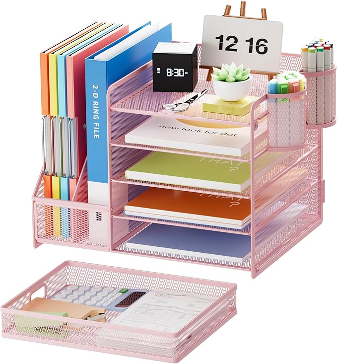 Marbrasse Desk Organizer with File Holder, 5-Tier Paper Letter Tray Organizer with Drawer and 2 Pen Holder, Mesh Desktop Organizer and Storage with Magazine Holder for Office Supplies(Pink)