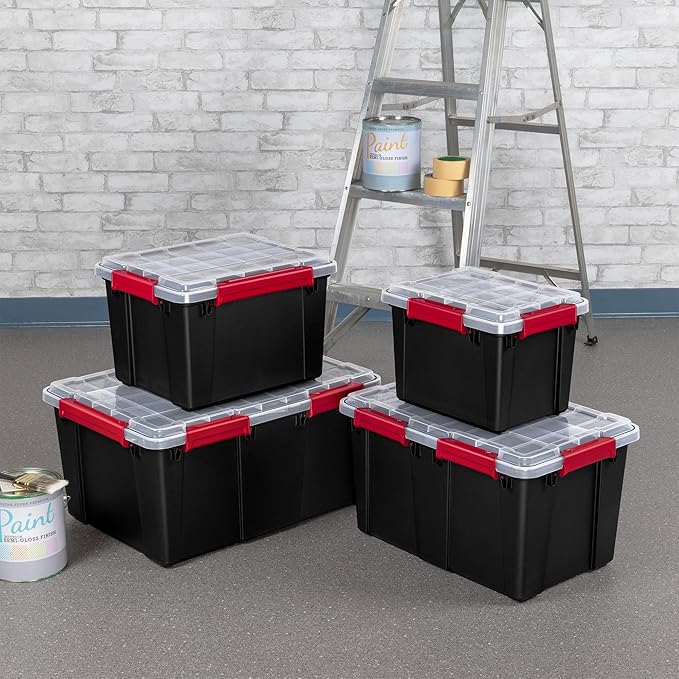 Sterilite 6 Pack 5 Gallon Gasket Box, Stackable Plastic Storage Container with Lids, Black - Waterproof and Dustproof Tote for Home Organization