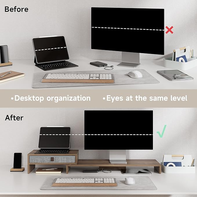 Fenge Computer Monitor Riser Stand with Drawer for 2 or 3 Monitors ,Adjustable Length and Angle Desktop Laptop Stand,Office Organizer,Printer