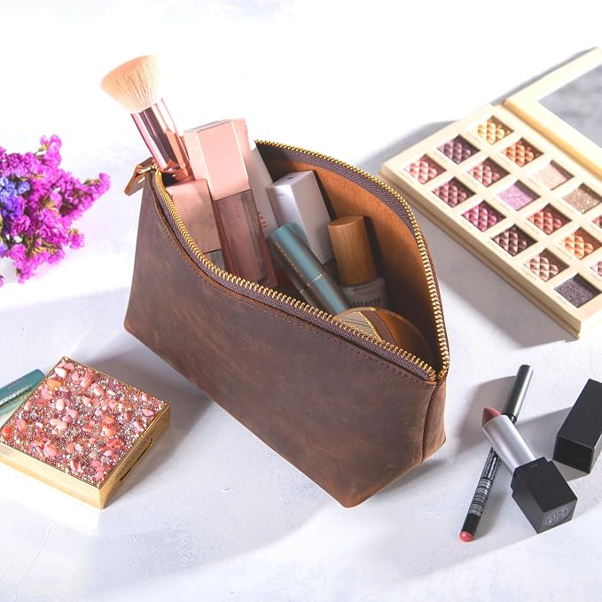 Blade Premium Personalized Genuine Leather Cosmetic Makeup Bag - Wedding Gift for Bridesmaid, Travel Organizer Clutch for Women with Zipper Pouch for Toiletry Essentials (Dark Tobacco)