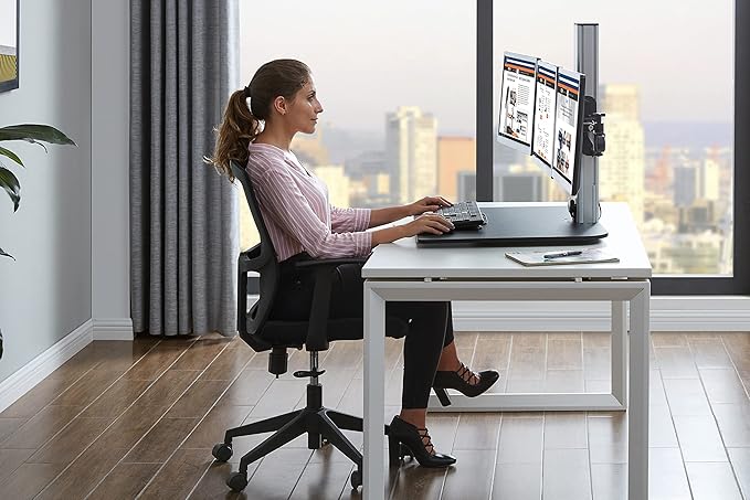 Victor DC475 High Rise Electric Triple Monitor Standing Desk Converter | Three Large Monitor Sit-Stand Desk | 28??Wide Work Surface | Compatible with Any Standard Desk | Adjustable Monitor Holder