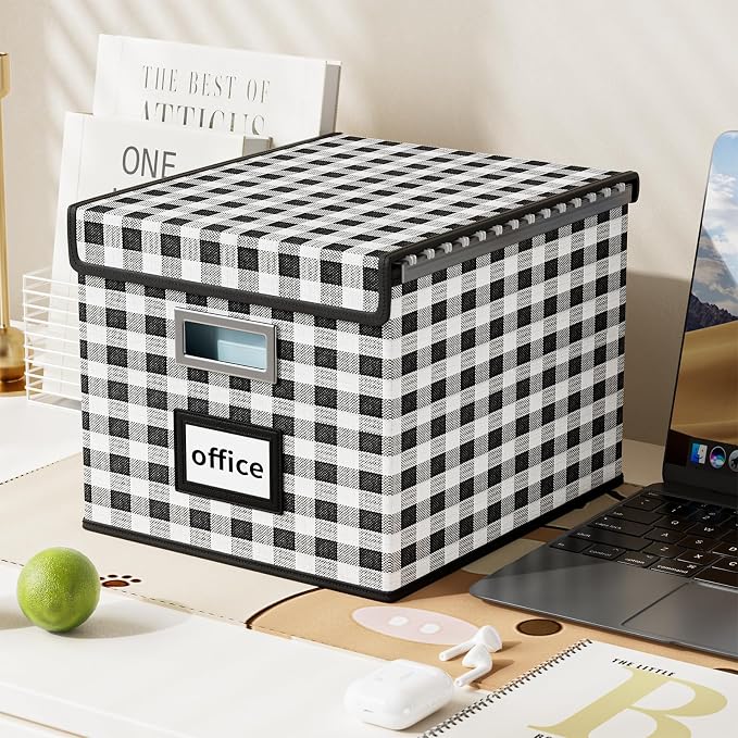 Decorative Collapsible File Storage Organizer Boxes with Lids, Hanging Filing & Storage Boxes for Office/Decor/Home, Filing System for File and Folders Storag - (Black & White Lattice)