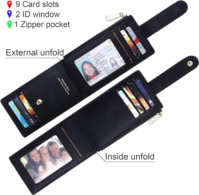 Badiya Slim Women Wallet RFID Blocking Bifold Compact 9 Card Slots Holder Wallets Soft Leather with Zipper Coin Pocket 2 ID Window