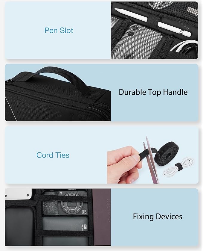 BAGSMART Cable Organizer Bag, Travel Electronics Organizer with Adjustable Divider, Tech Bag Carrying Case, Storage Bag Sturdy Tool Case with Handle for Cellphone Cord Electronics Accessories, Black