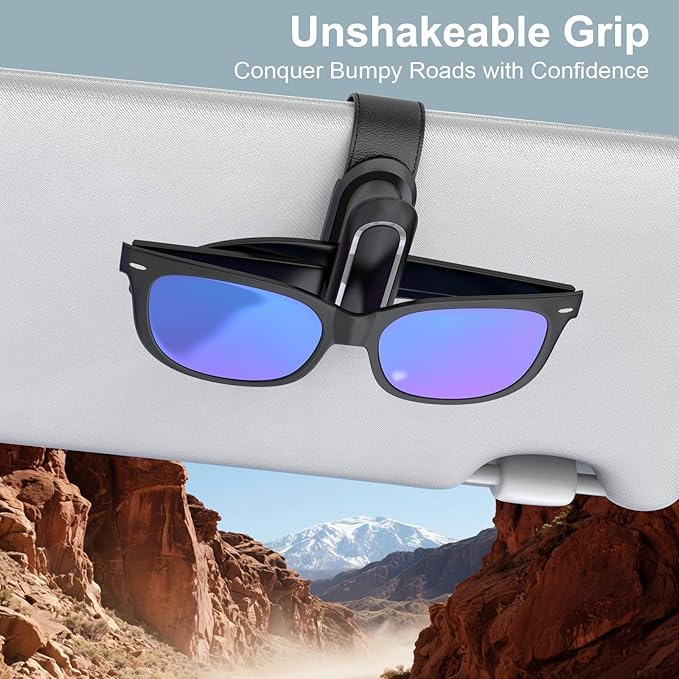 Veharvim Sunglass Holder for Car (2 Pack, One-Handed Operation, Gentle & Secure Hold, Silicone Padded, Universal Fits Sunglass and Car Visor) - Sunglasses Clip for Car Visor (Black & Silver, 4 Pack)