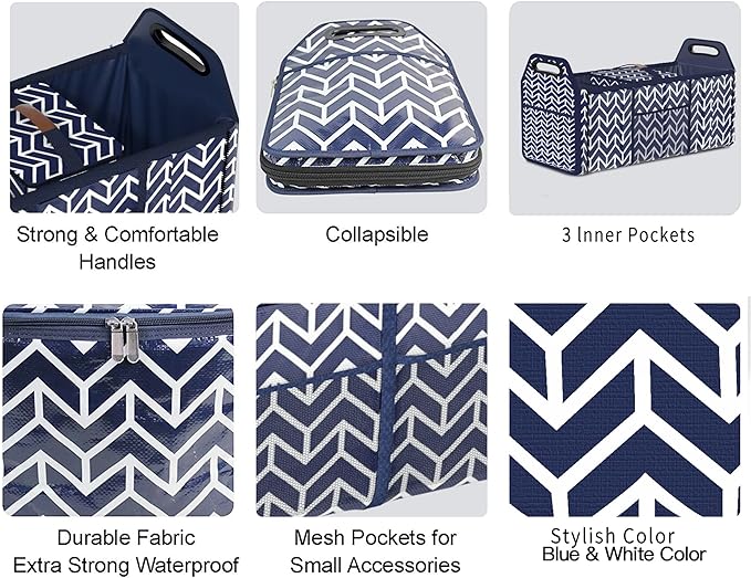 Orionstar Trunk Organizer, Foldable Car Storage Bag Portable Insulation Cooler Bag Collapsible Vehicle Organizer Divider Storage Totes with 3 Compartment Cargo Tote for Groceries Caddy SUV, Navy Blue