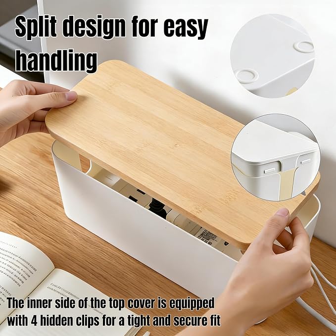 1 Large + 1 Small Cable Management Box Set – 2-Piece Cord Organizer Box, Home Office Desk Wire Storage & Cable Management Solution (Bamboo Lid/White)