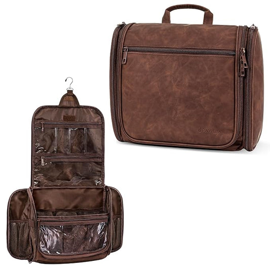 PAVILIA Large Hanging Toiletry Bag for Men Women, Travel Toiletry Organizer with 10 Compartments, Swivel Hook and 3 Leakproof Pockets, Water Resistant Shaving Kit Case, Packs Flat, Brown