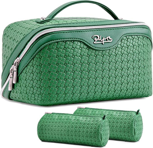 BOYATU Travel Makeup Bag Cosmetic Bags for Women: Large Capacity 3 Pcs Set Make up Bag with Compartments - Waterproof Vegan Leather Toiletry Organizer Bags with Handle (L38 Green)