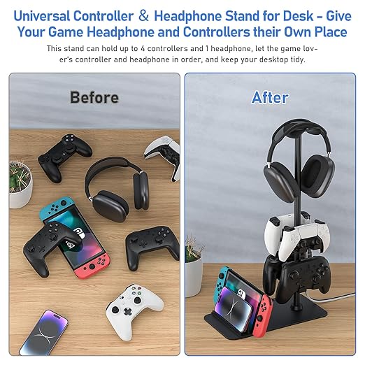 MANMUVIMO Headset Stand Controller Holder for 1 Headset and 4 Controller, Headphone Game Controller Stand for Desk, Gamer Gifts, Organizer Rack for iPad/Mobile Phone, Gaming Room Accessories