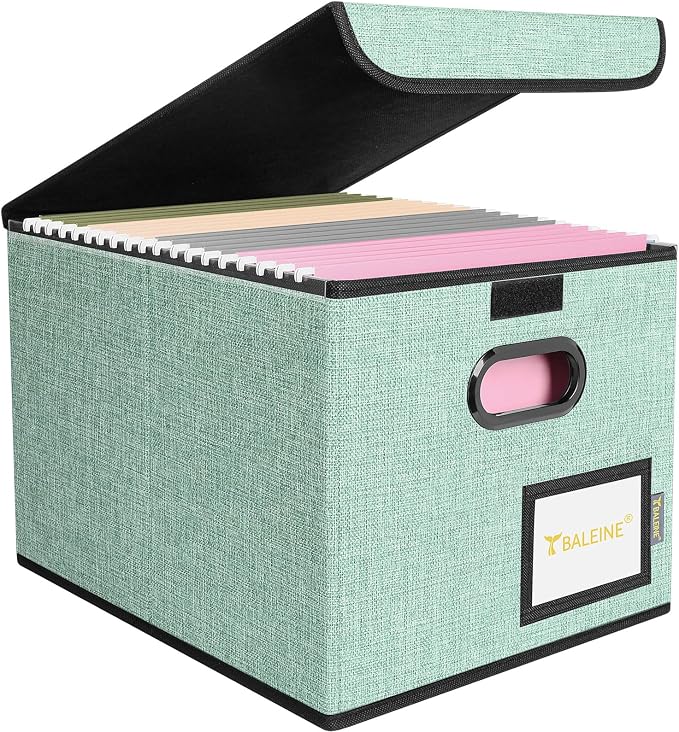 BALEINE File Organizer Box with Lid, Collapsible File Folder Organizer with Plastic Slide, Hanging File Folder Box for Office Document Storage (1 Pack, Green)