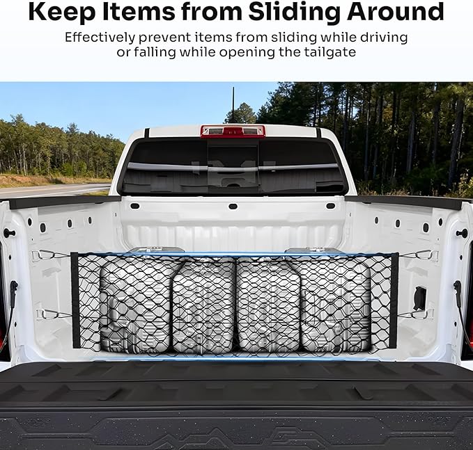 Canvcle Trunk Cargo Net for 2023-2025 2026 Chevy Colorado &GMC Canyon Accessories Envelope Style Mesh Trunk Net Organizer and Storage Stretchable Adjustable Elastic Nylon Rear Cargo Netting with Hooks